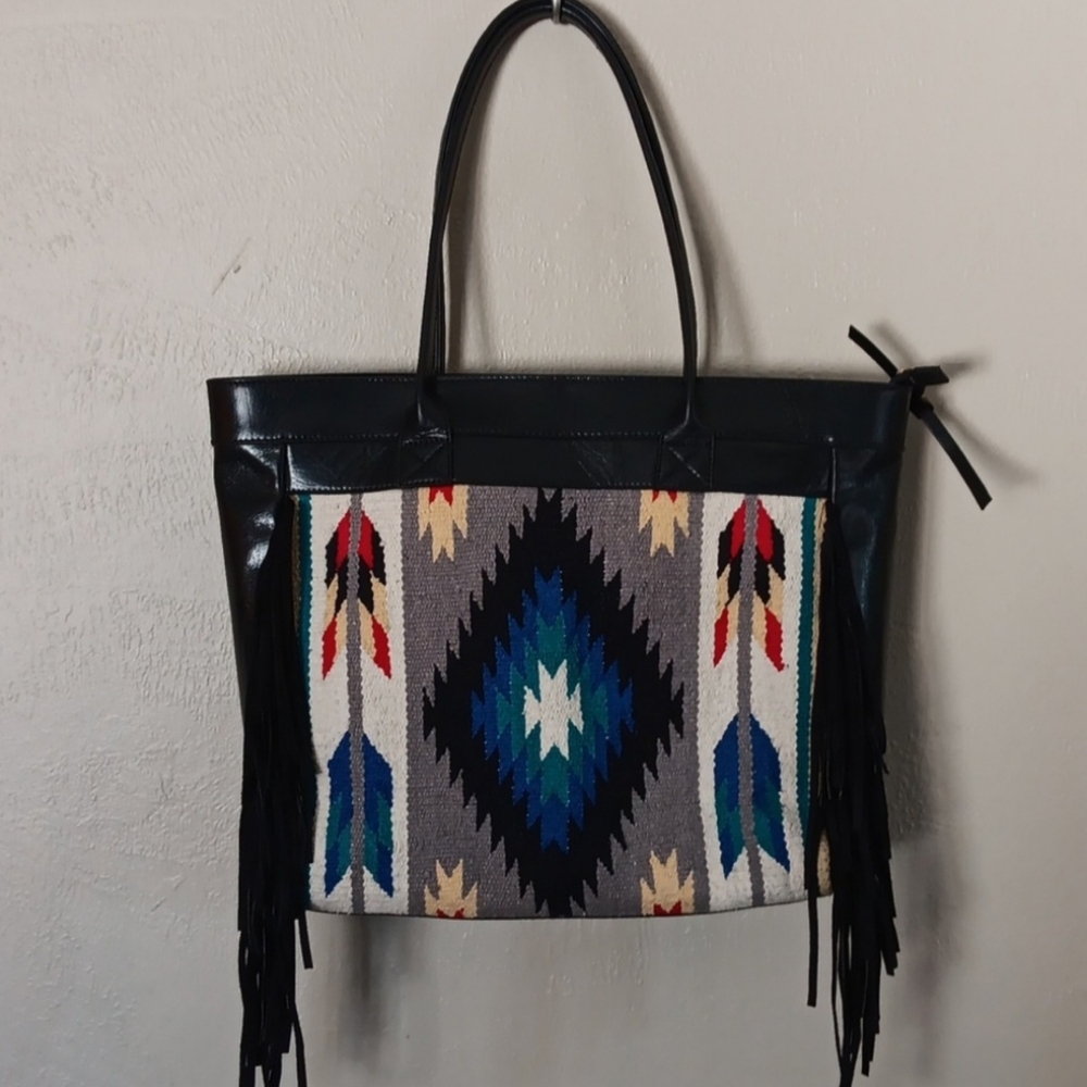 NWOT Ecotorie Bleu Leather Tote with Fringe
